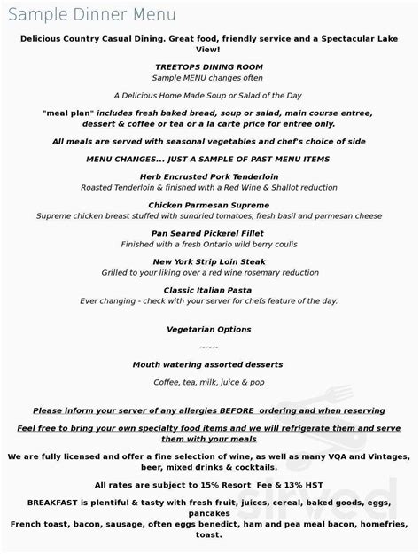 Treetops Dining Room menu in Buckhorn, Ontario, Canada
