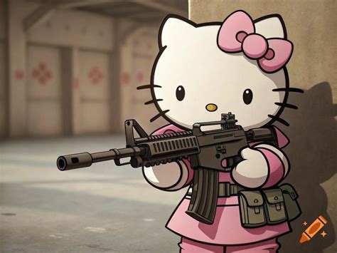 Cartoon Hello Kitty character wearing pink, holding a machine gun ...