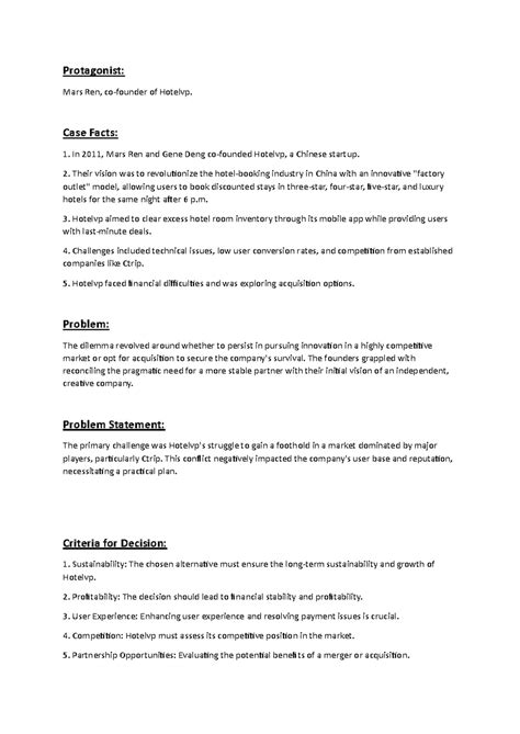 Decision Sheet 1 - Protagonist: Mars Ren, co-founder of Hotelvp. Case ...