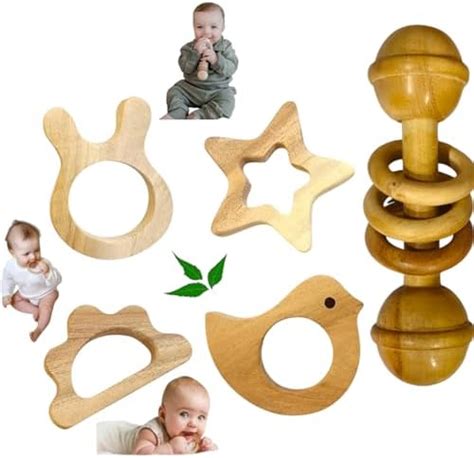 Buy Natural Neem Wood Baby Teething Toys Set, 5 Pieces, Star Bird Cloud ...