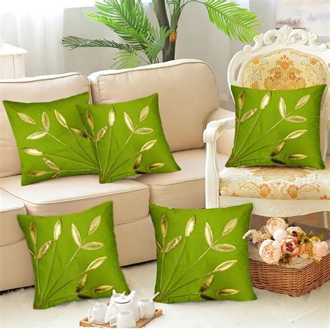 Buy LOFEY Rexine Leaves Cushion Covers, Set of 5 | Elegant 16x16 Inch ...