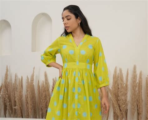 Lime Green Blue Polka Dot Hand Block Printed Cotton Dress