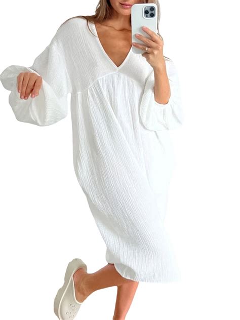 Women Nightdress, Long Sleeve V-neck Loose Sleepwear Loungewear ...