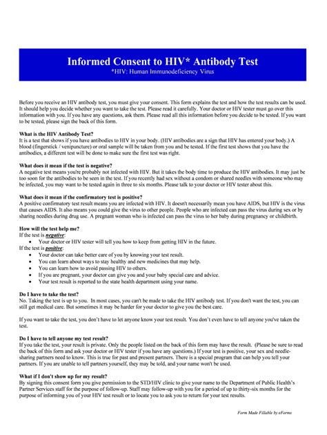 Informed Consent to HIV Antibody Test - Blank Fillable Template | Fill ...