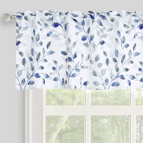 Watercolor Leaves Print Valance for Windows, Blue and Gray Floral Printed Short Curtains ...