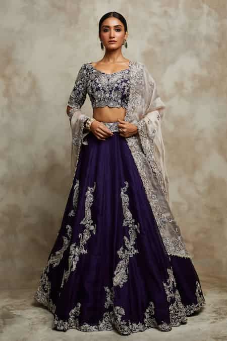 Buy Purple Silk, Organza Embroidery, Sequins, Bridal Zardozi Lehenga ...