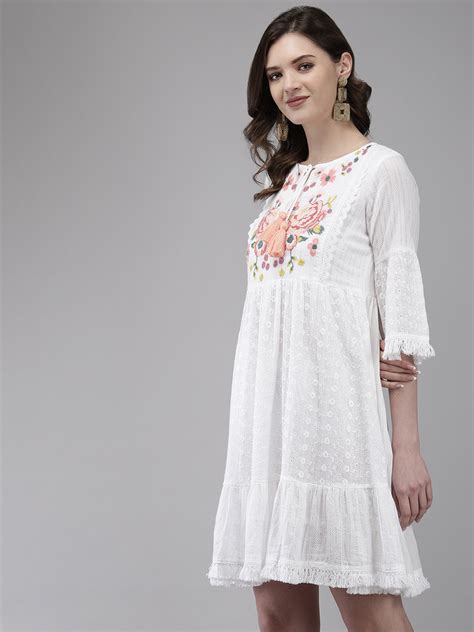 Buy Ishin Women's Cotton Blend White Embroidered A-Line Dress Online