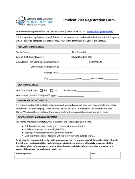 Fillable Online Student Visa Registration Form - csumbedu Fax Email ...