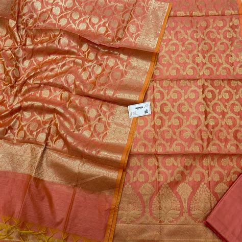 Peach Golden Zari Banarasi Silk Suit – Mohsin Textiles