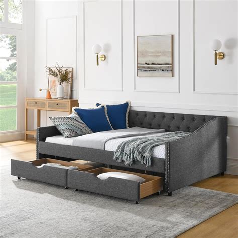 Amazon.com: Flieks Linen Upholstered Full Daybed with Two Storage ...
