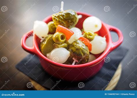 Spanish Banderillas, Skewers with Pickling Olives, Garlic, Pickles ...