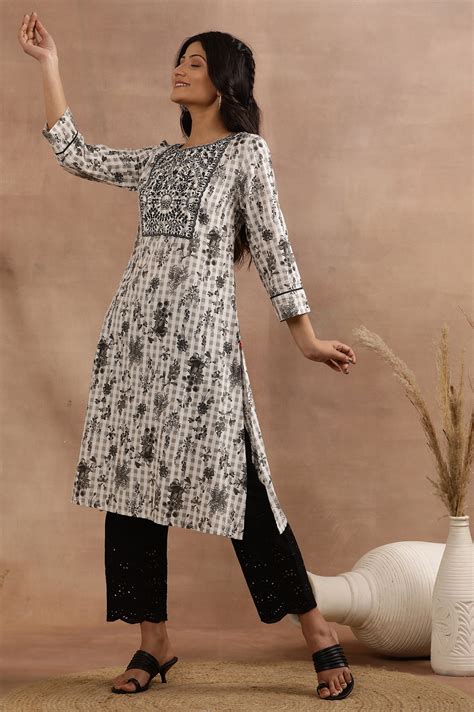 Buy White And Grey Floral Printed Kurta With Thread Embroidery @ 2599 ...