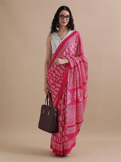 Rani Pink Cotton Saree with Folk Handblock Print – Sui Dhaaga
