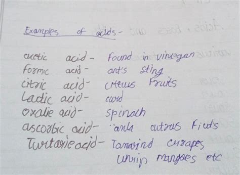 Examples of acids -acetic acid-found in vingganformic acid- ant's sting..