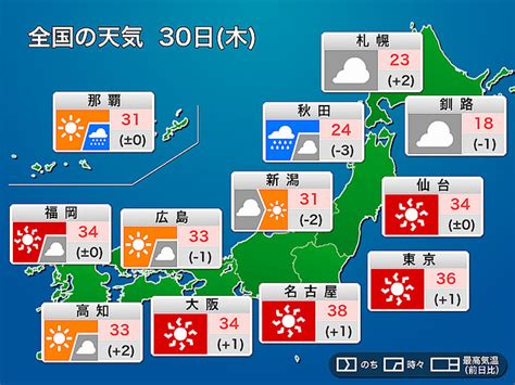今日6月30日(木)の天気 関東など体温超えの暑さが続く 北日本は曇りや雨 - ライブドアニュース