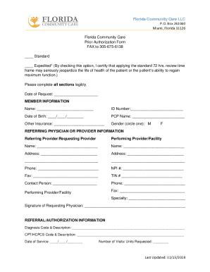 Florida Community Care Prior Authorization Form - Blank Fillable ...