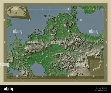 Fukuoka, prefecture of Japan. Elevation map colored in wiki style with lakes and rivers. Corner ...