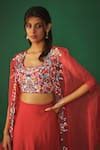 Buy Red Organza, Crepe Embroidery Round Neck Cape Lehenga Set For Women ...