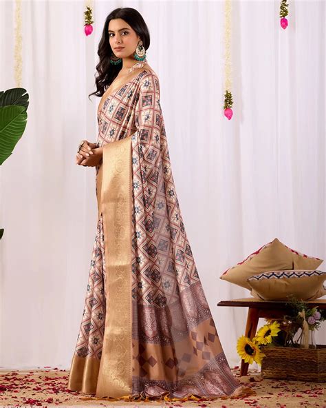 Beige Digital Print & Zari Woven Border Soft Lichi Silk – Kalyanja