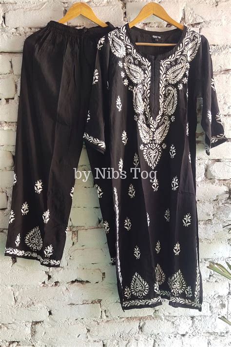 Buy Black Modal Cotton Chikankari Kurta Palazzo Set for Women - Nibs Tog
