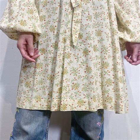 70s cream yellow flower printed long sleeve dress【084】 | LEMON