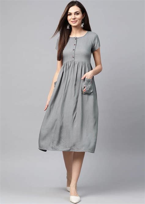 Get Basic Solid Grey A-Line Dress With Embroidered Pockets at ₹ 909 ...