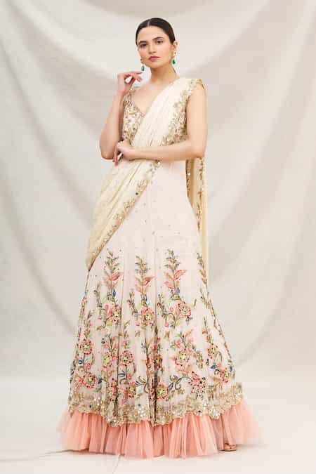 Buy White Lucknowi V Neck Embroidered Layered Saree Gown For Women by ...