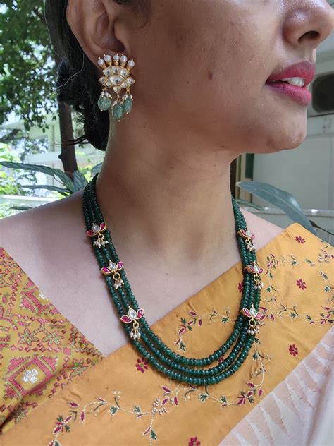 3 line Green beads with kundan lotus and pearl drops | House of Taamara
