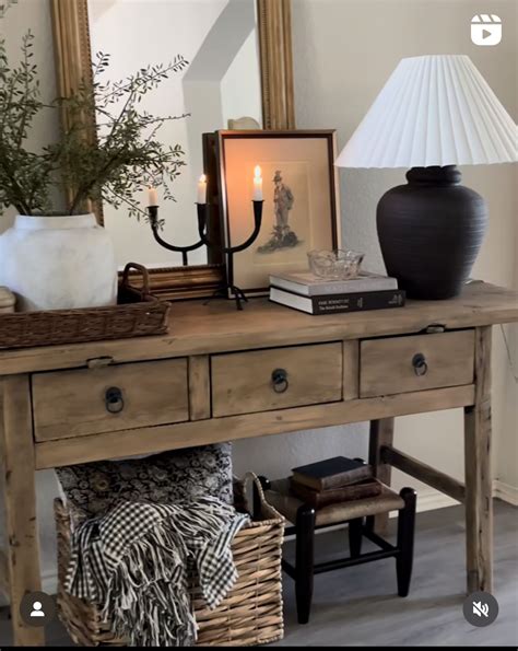 Rustic Wooden Entry Table with Lamp and Mirror