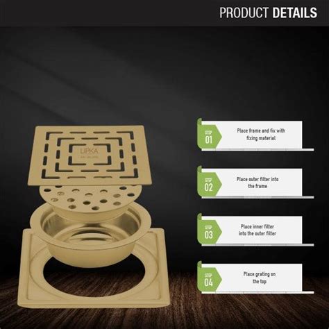 Orange Exclusive Square Floor Drain in Yellow Gold PVD Coating (6 x 6 ...