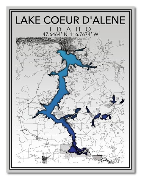 Wall Art Map Print of Lake Coeur d'Alene Idaho - Etsy España