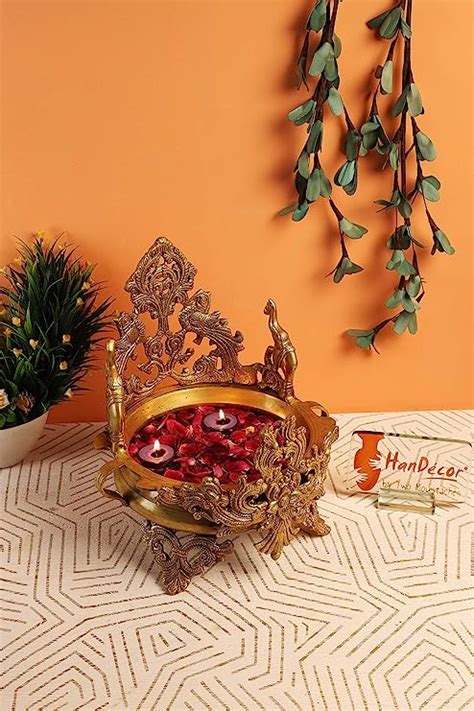 Buy Two Moustaches Elephant and Peacock Design Brass Urli Showpiece ...