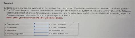 Answered: Required: a. Benton currently applies overhead on the basis of direct labor cost. What ...