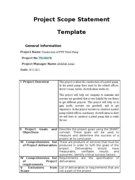 Image result for Project Scope Statement Template PDF