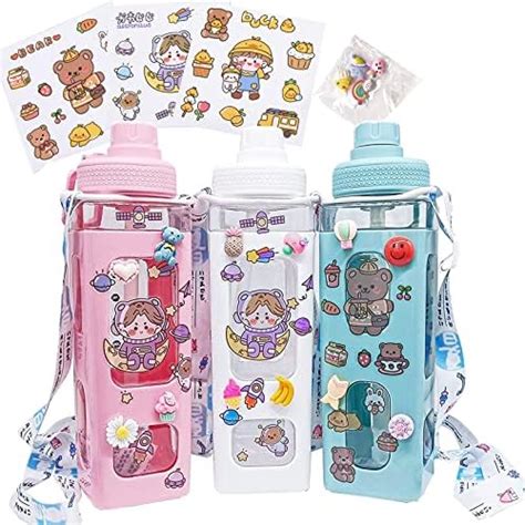 JHTPSLR Large Kawaii Water Bottle With Straw And 3D Stickers Cute ...