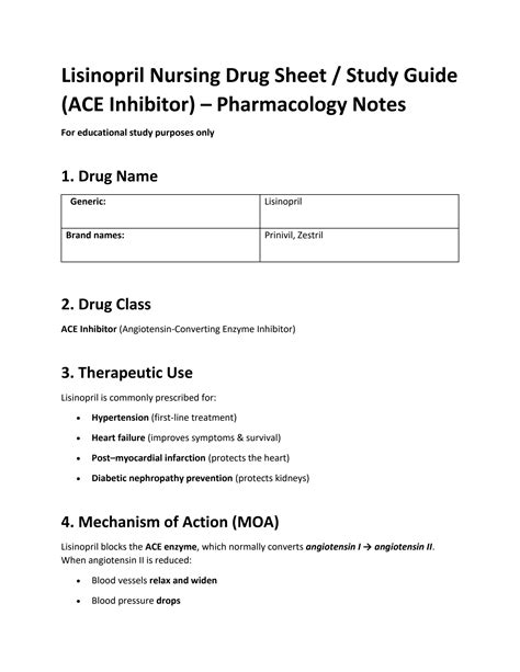 SOLUTION: Lisinopril – Nursing Drug Sheet & Pharmacology Study Guide ...