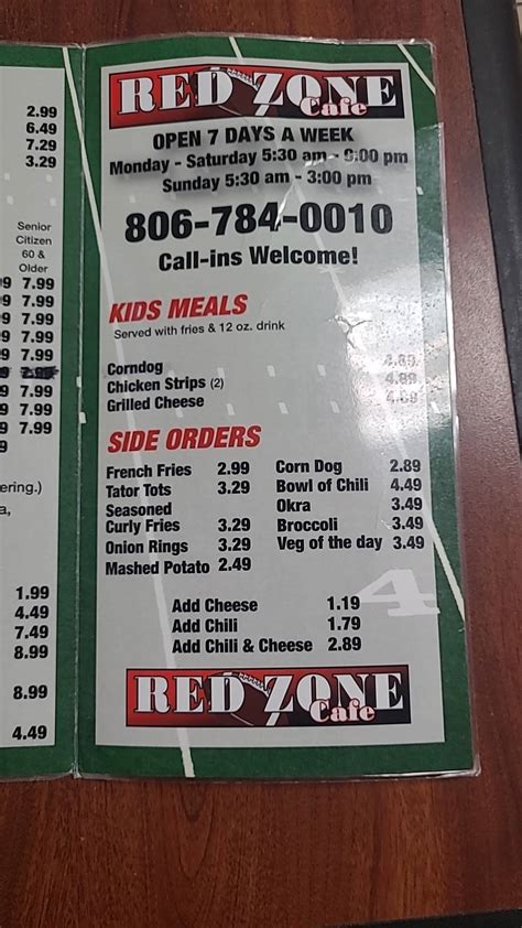 Menu at Red Zone Cafe, Lubbock, Slide Rd