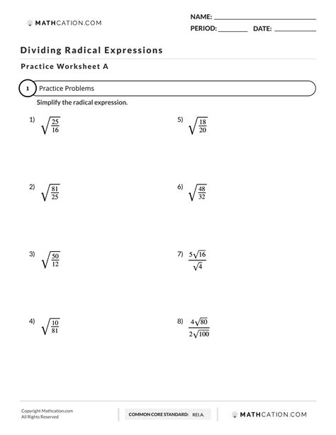 Multiplication and Division of Radicals Worksheet | Multiplication Worksheets