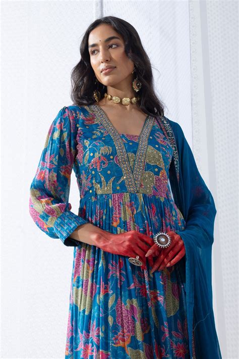 Blue Yoke Printed Dress – SABHYATA CLOTHING