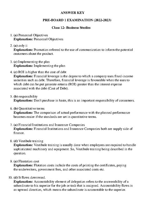 V1 MS Pre-Board Business Studies Answer Key Class XII (2022-23) - Studocu