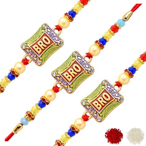 BRO Design Hand Painted Bracelate Rakhi Set of 3 with Roli chawal n Ra ...
