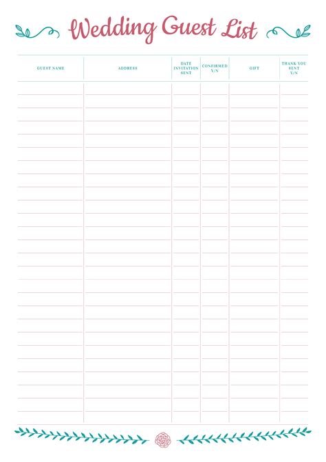Downloadable Wedding Guest List Template