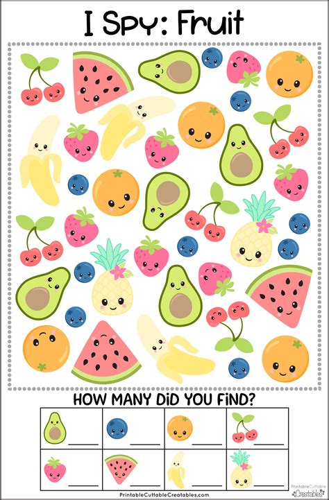 Free Printable Fruit I Spy Game - Free Kids Creatables | Spy games for ...