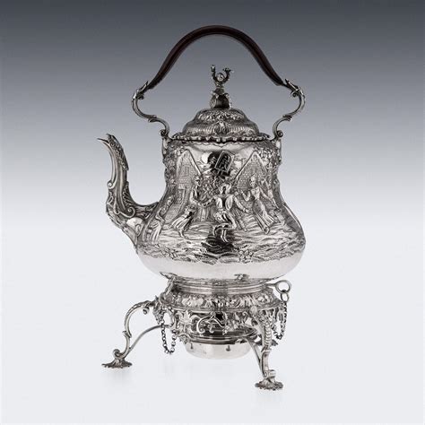 19th Century Victorian Solid Silver Teniers Hot Water Kettle, J Figg, c ...