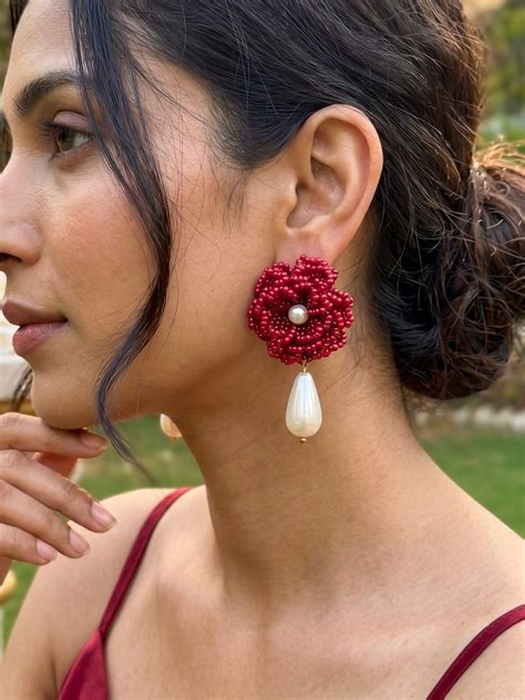 Crochet Deep Red 3D Rose Pearl Drops Flower Handmade Beaded Earrings ...