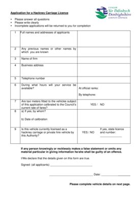 Fillable Online Hackney carriage vehicle licence application form ...