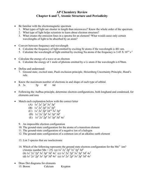 AP Chemistry Study Guide – Chapter 6 and 7, Atomic Structure and