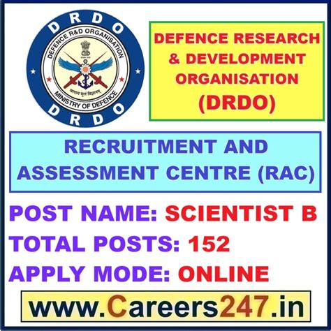 DRDO RAC Scientist B Recruitment 2025 - Apply Online for 152 Posts