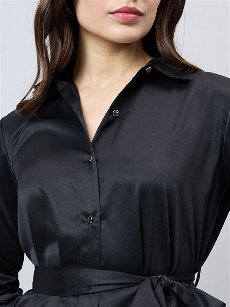 Style Quotient Women Solid Black Satin Relaxed Fit Party Shirt Dress ...