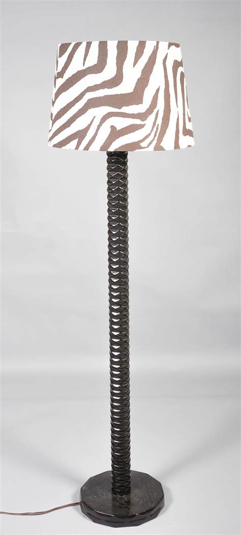 Lot - DARK WOOD FLOOR LAMP WITH ZEBRA PATTERN SHADE